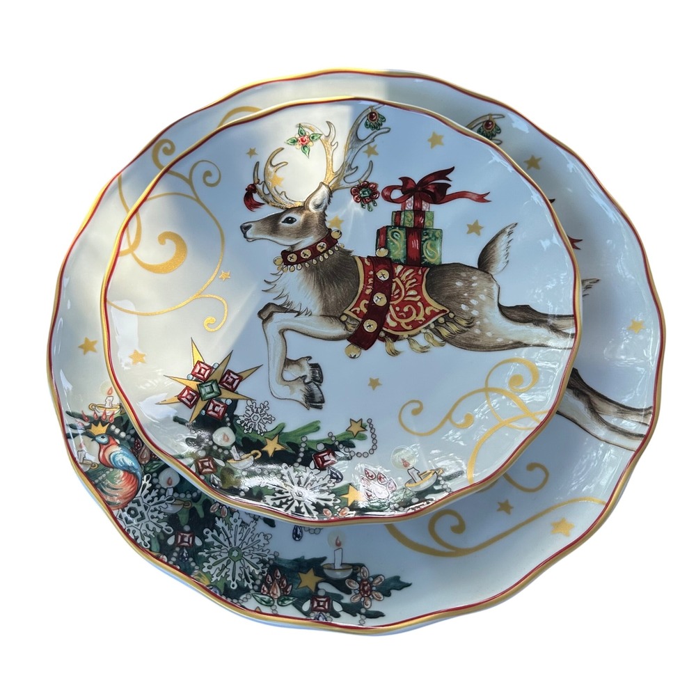 Williams Sonoma Twas the Night Before Christmas Reindeer 2 Dinner 2 salad plates
